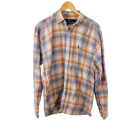 Ralph Lauren Blue Label Orange Blue Plaid Cotton Long Sleeve Dress Shirt - Picture 1 of 6